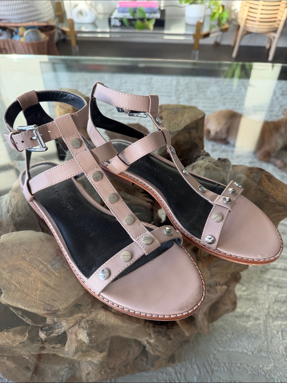 Rebecca Minkoff Blush Pink Studded T-Strap Sandals